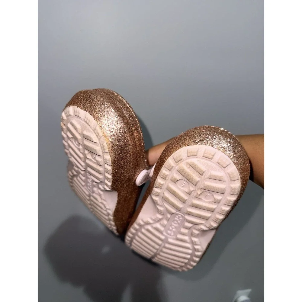 Crocs Classic Pink RoseGold Glitter Girl's J5 Faux Fur Lined Clogs Bling Flash R